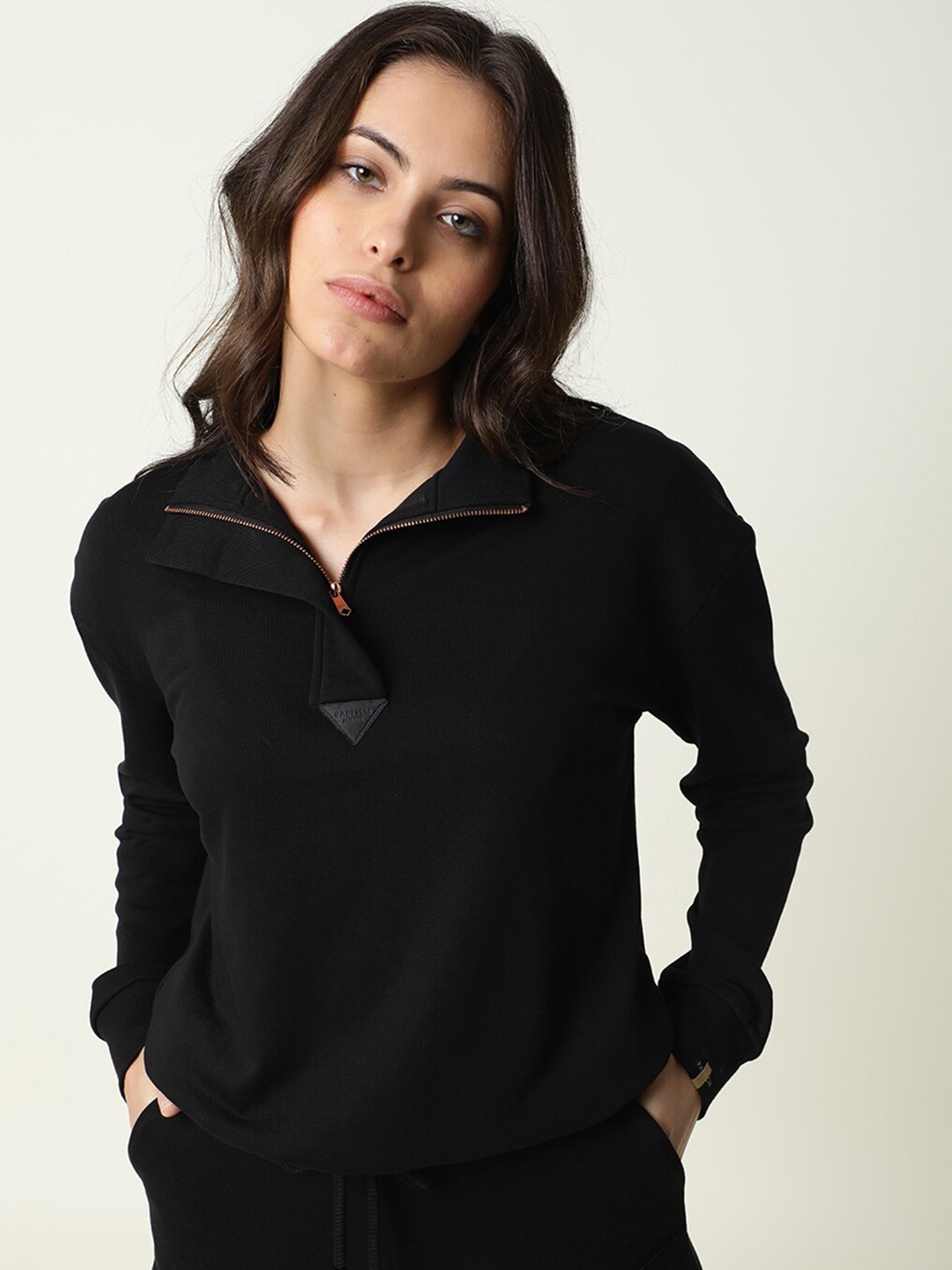 

RAREISM Women Black Solid Cotton Sweatshirt