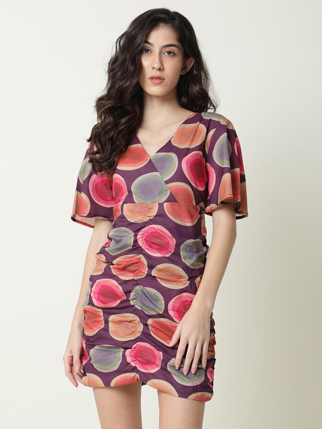 

RAREISM Women Purple & Pink Printed Cotton Sheath Mini Dress