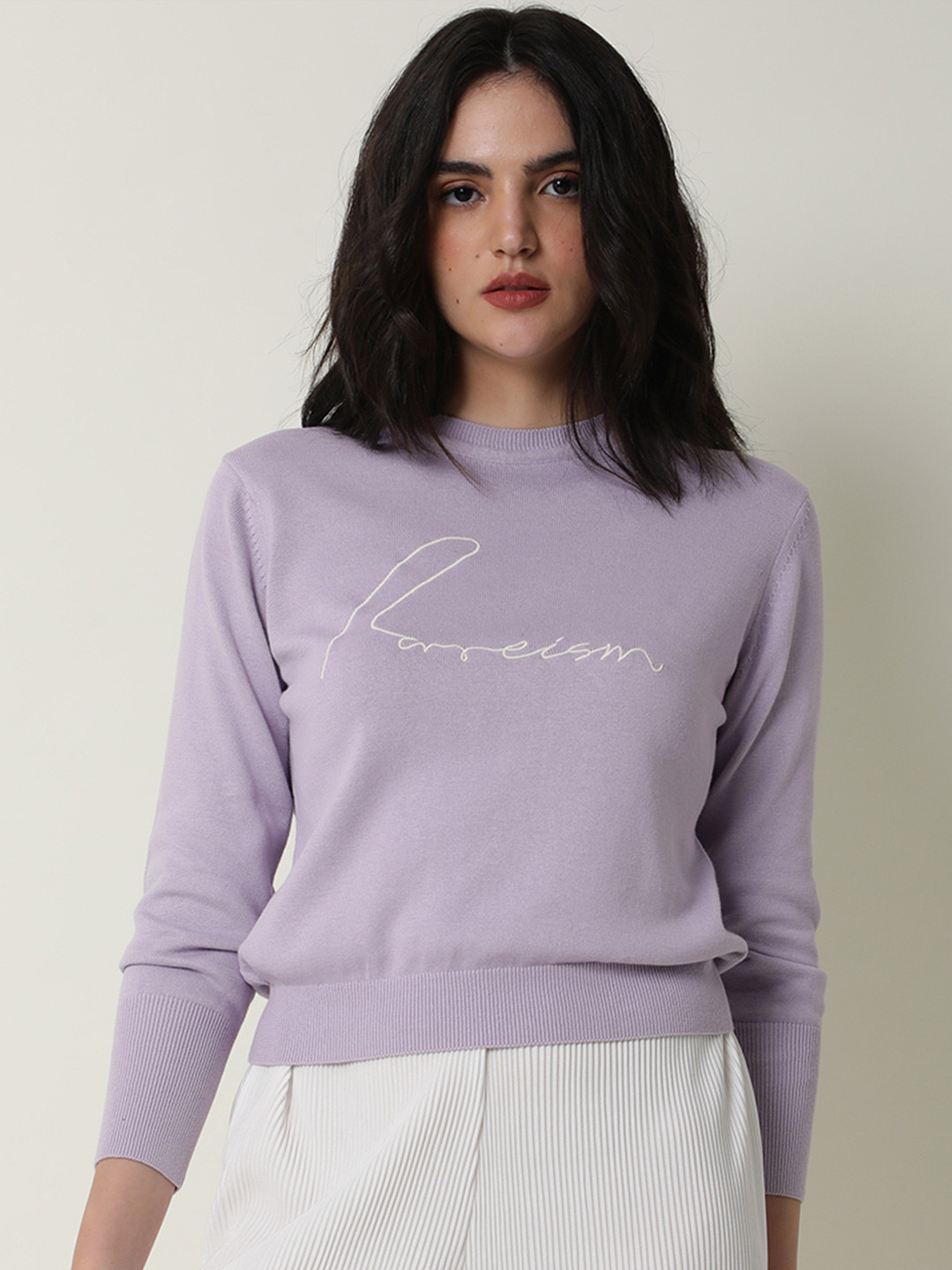 

RAREISM Women Purple & White Typography Printed Pullover