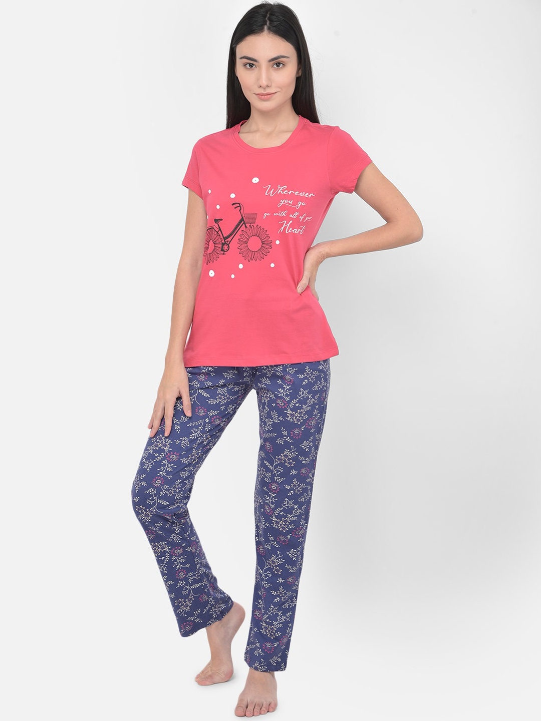 

LYRA Women Pink & Blue Printed Cotton Night suit