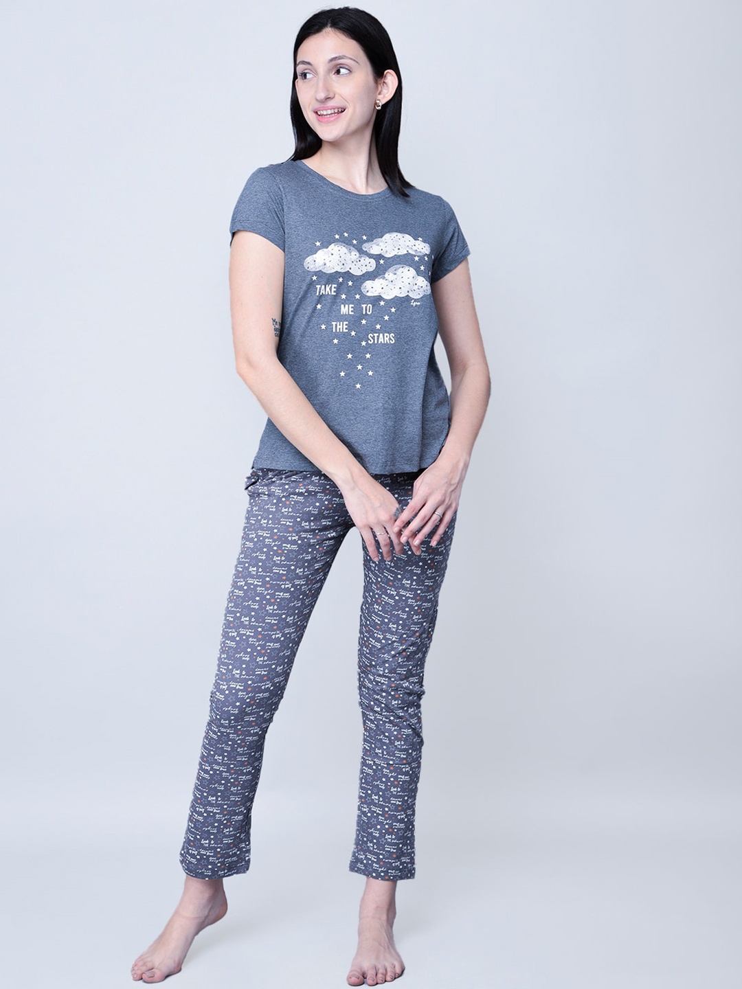 

LYRA Women Grey & White Printed Pure Cotton Night suit