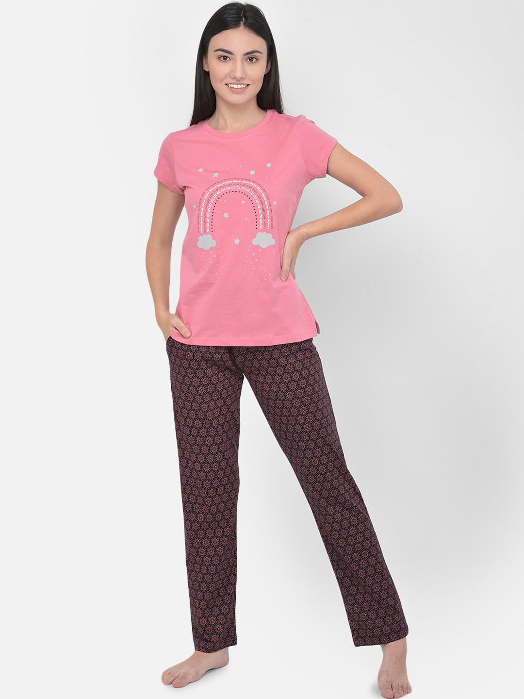 

LYRA Women Pink & Black Printed Pure Cotton Night suit