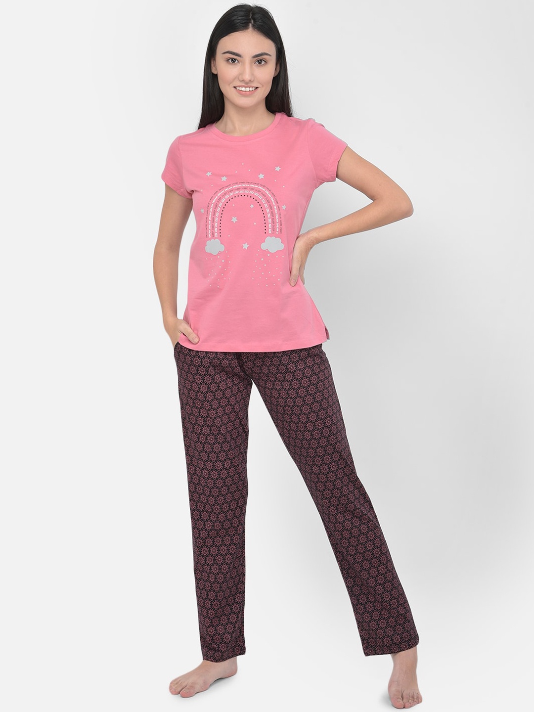 

LYRA Women Pink & Black Printed Pure Cotton Night suit