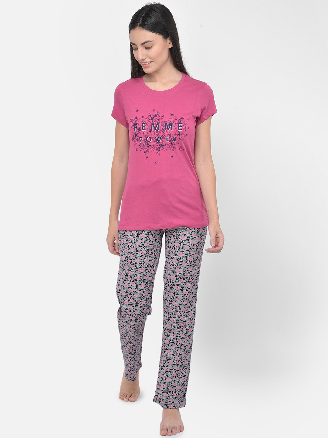 

LYRA Women Pink & Navy Blue Printed Pure Cotton Night suit