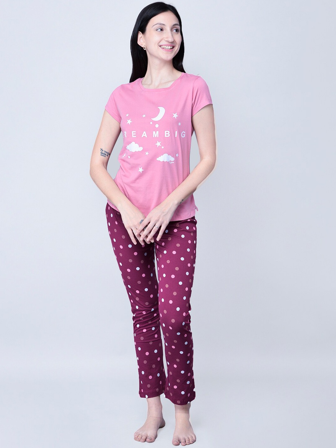 

LYRA Women Pink & White Printed Pure Cotton Night suit