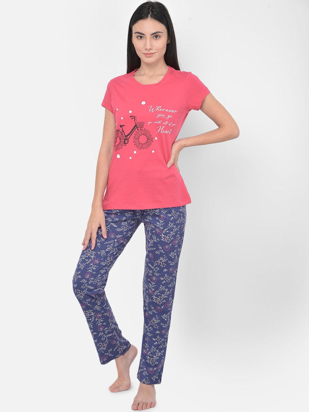 

LYRA Women Magenta & Blue Printed Pure Cotton Night suit