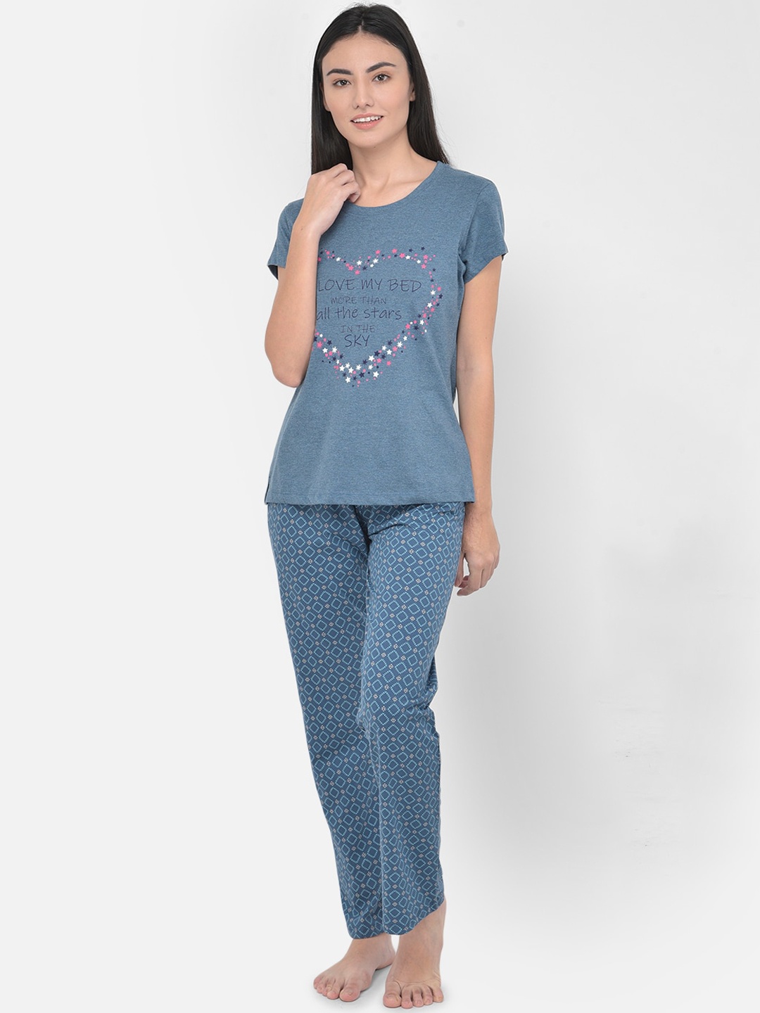 

LYRA Women Blue & Pink Pure Cotton Printed Night suit