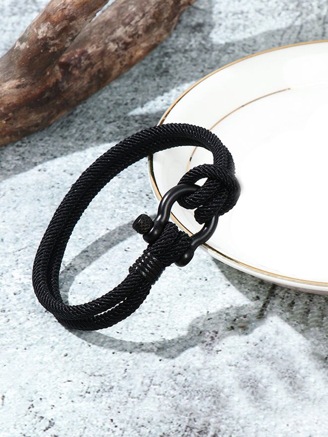 

Yellow Chimes Men Black Leather Rope Design Bracelet