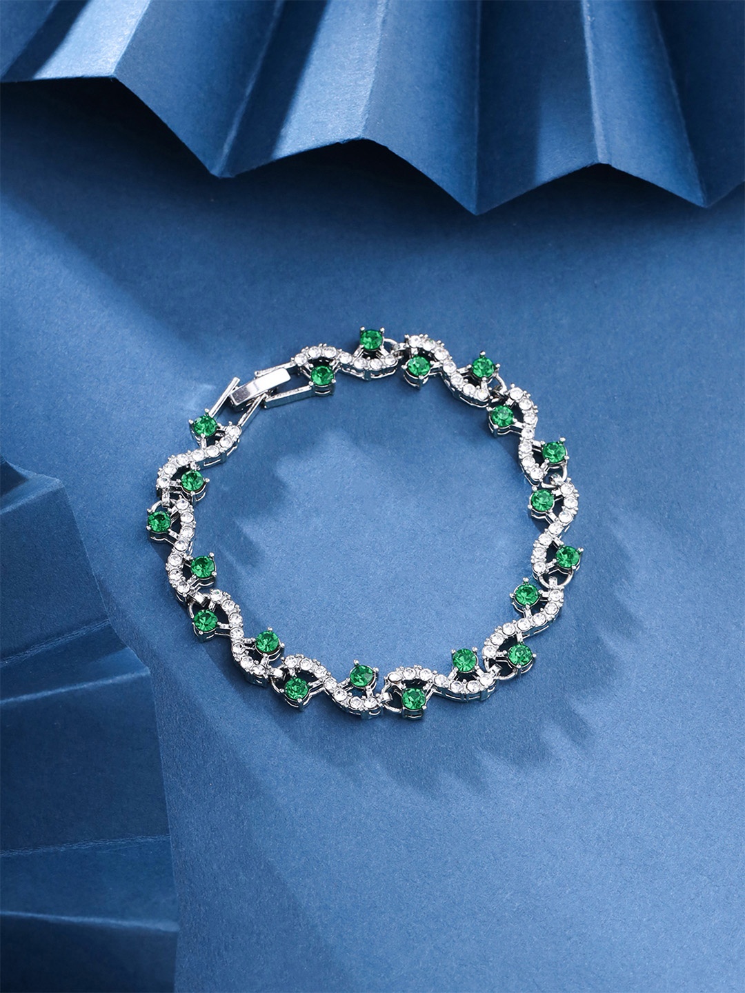 

Yellow Chimes Women Silver Plated Green Cubic Zircon Crystal Bracelet