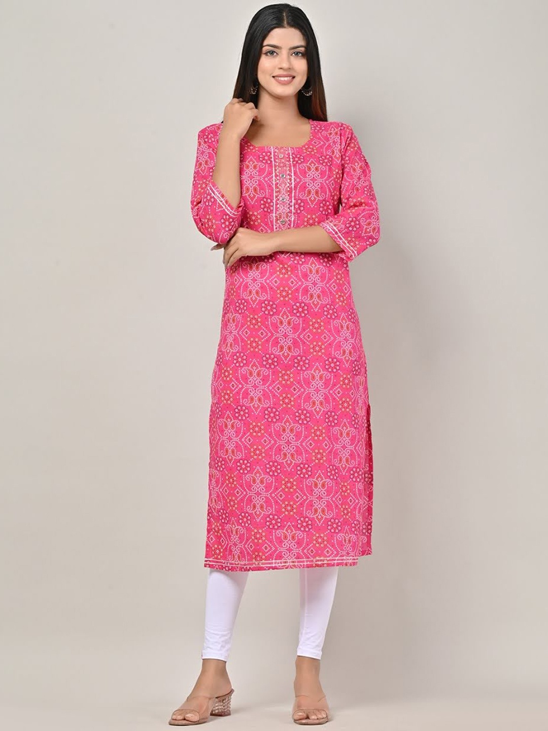 

Swasti Women Pink Bandhani Printed Gotta Patti Floral Kurta