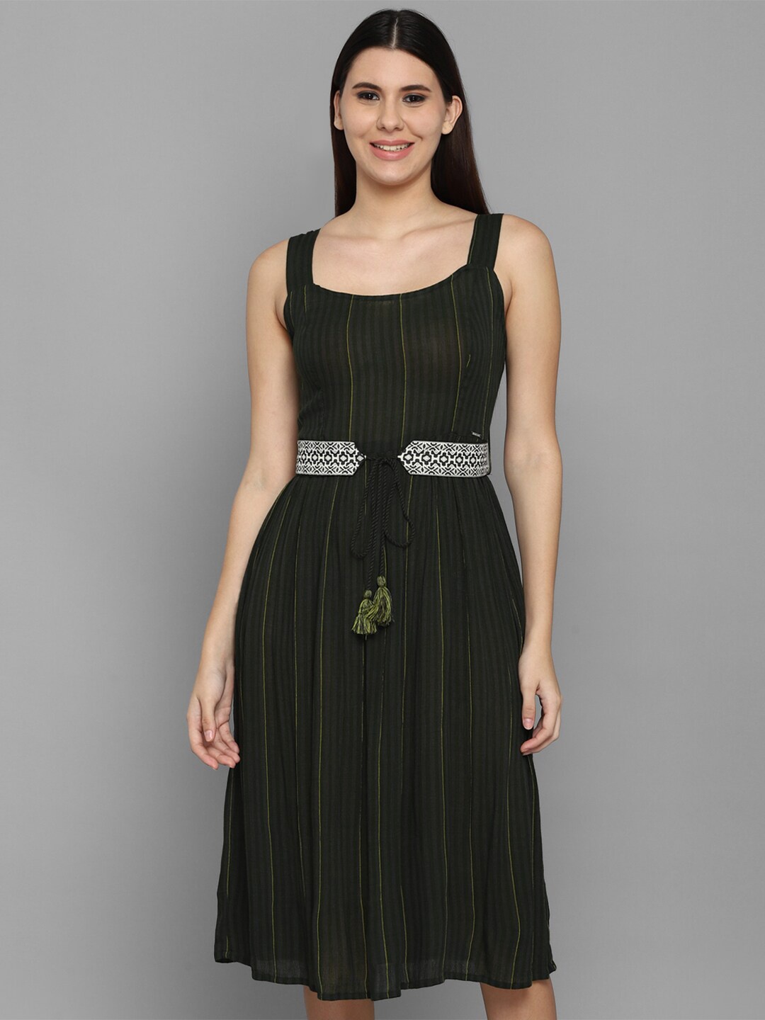 

Allen Solly Woman Olive Green Striped Pure Cotton Midi Dress