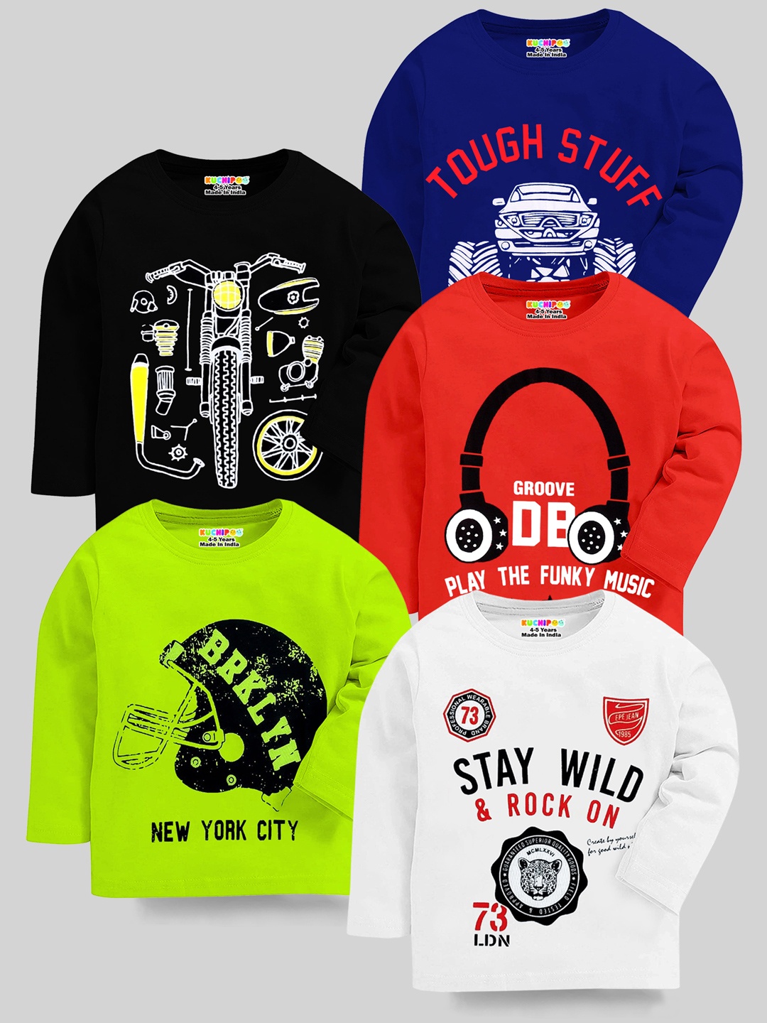 

KUCHIPOO Boys Red & White Pack Of 5 Printed Regular Fit T-shirts