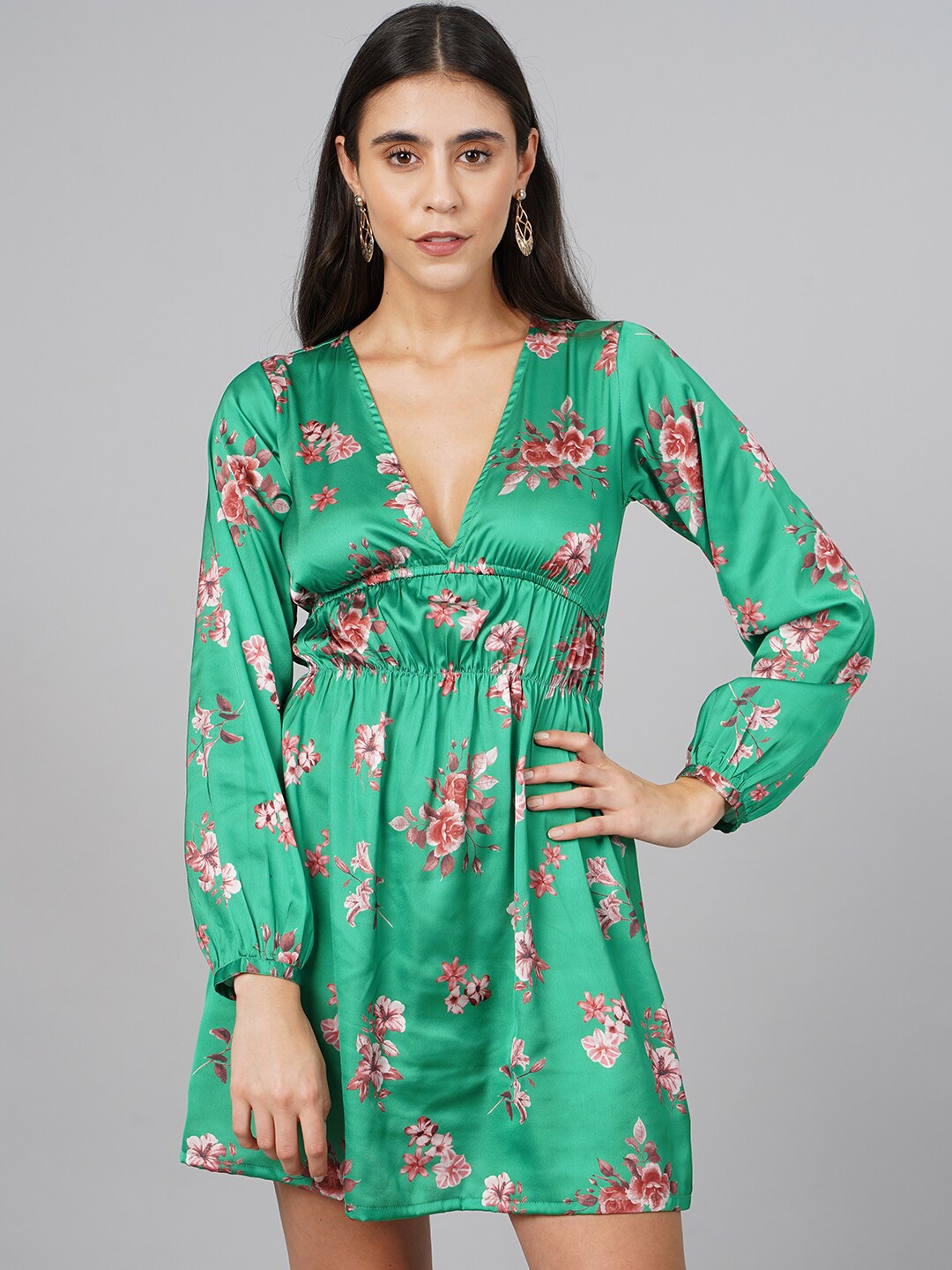 

SCORPIUS Women Green Floral Satin Dress
