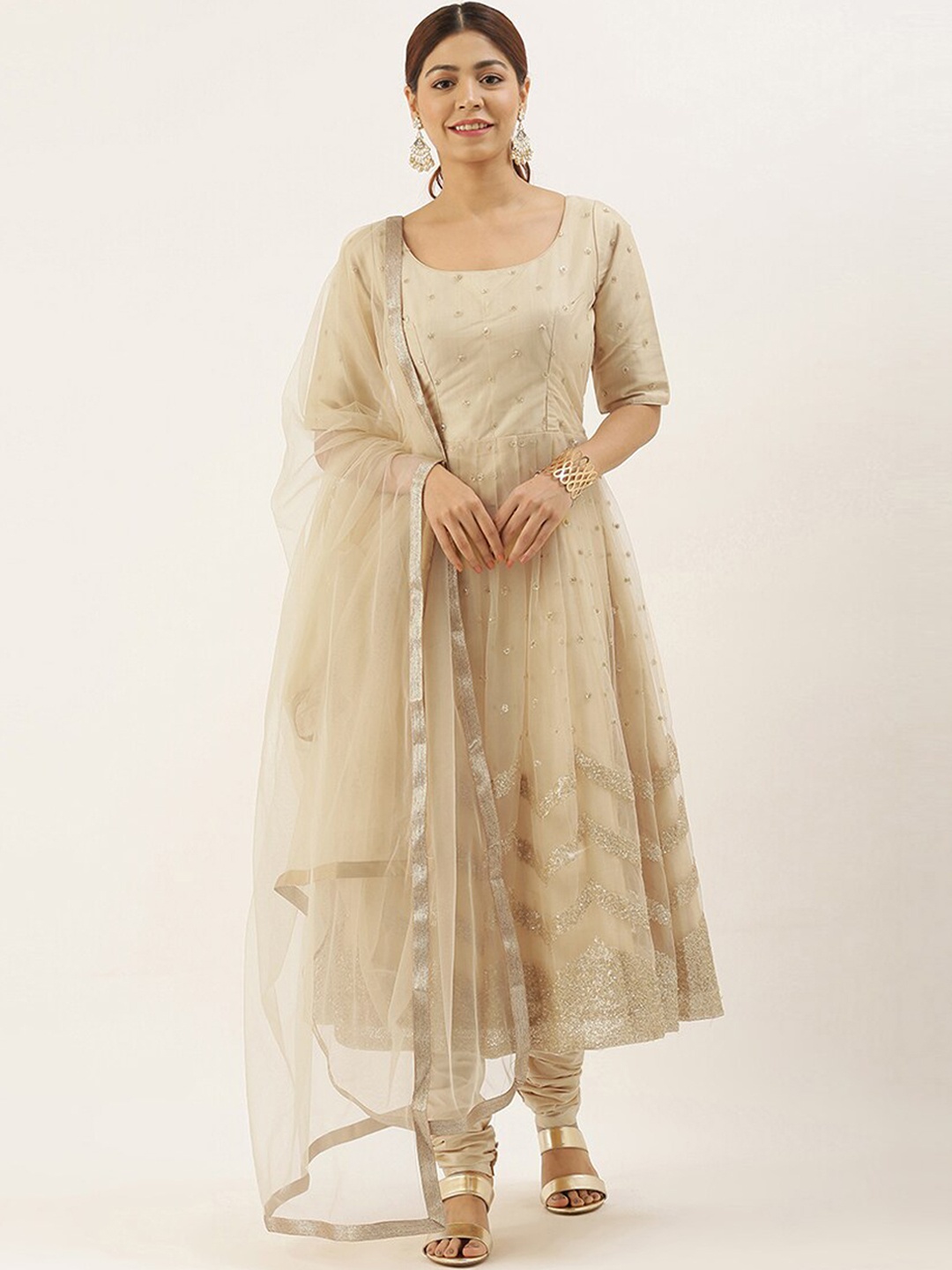 

EthnoVogue Women Beige Kurta with Churidar & With Dupatta