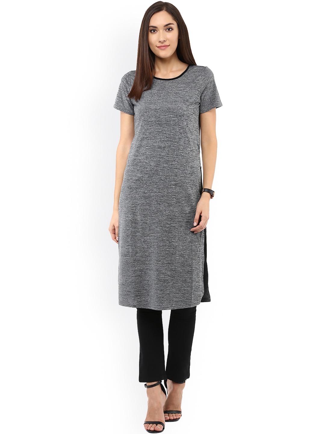 

109F Women Grey Self-Design Longline Top