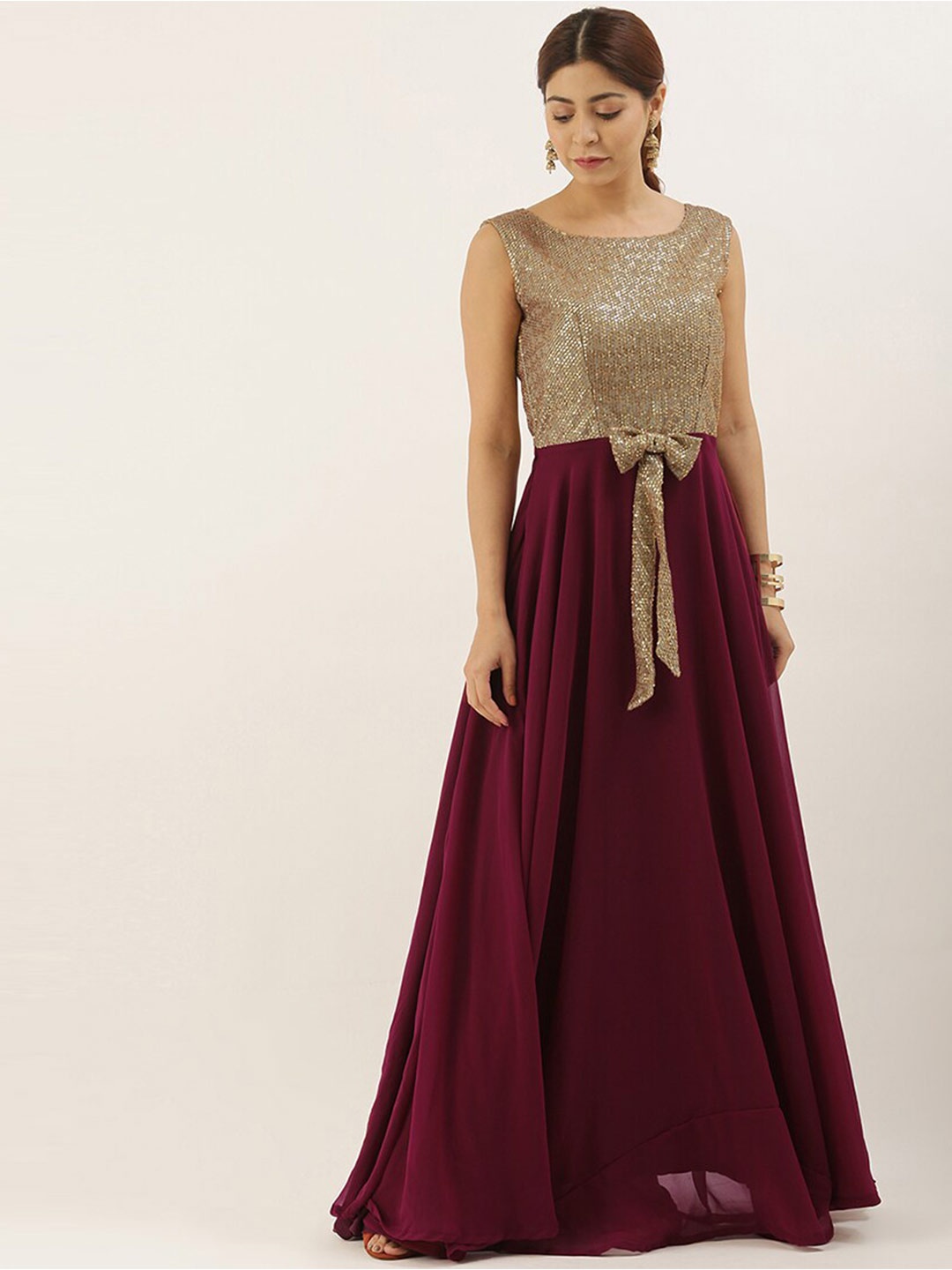 

Ethnovog Burgundy Gold-Toned Embellished Georgette Maxi Dress