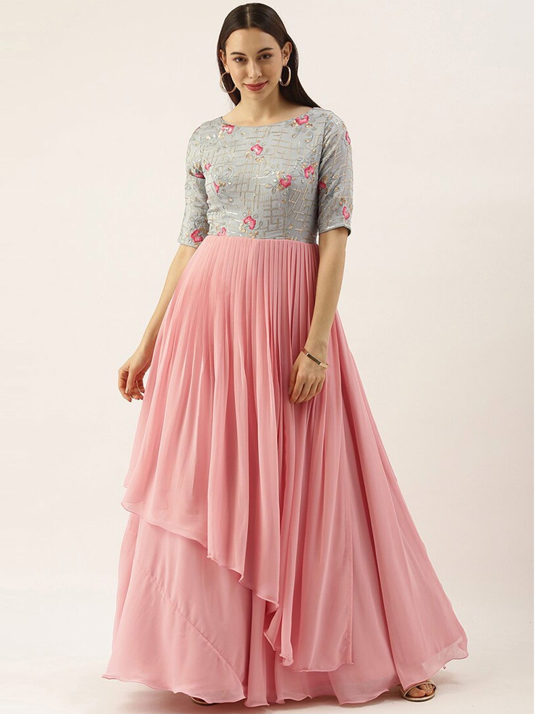 

Ethnovog Pink Blue Embroidered Georgette Maxi Dress