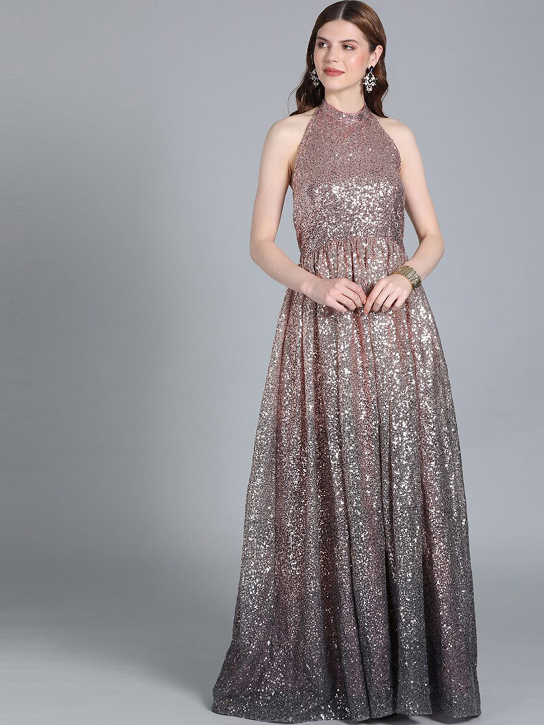

Ethnovog Black Gold-Toned Embellished Halter Neck Net Maxi Dress