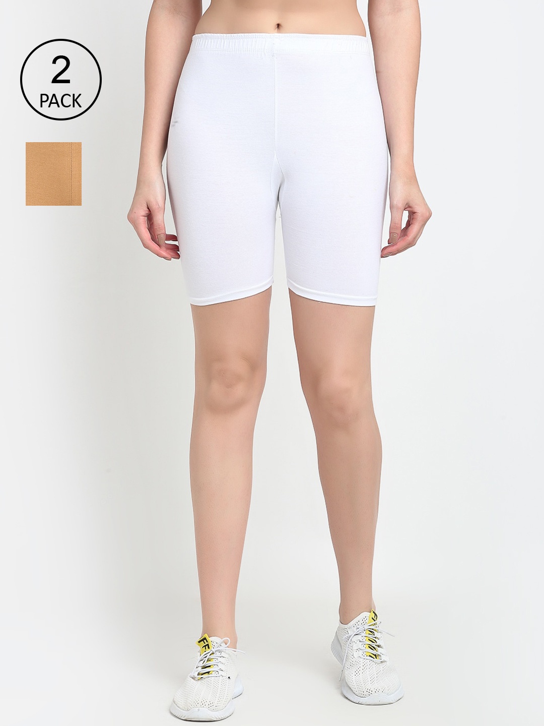 

Jinfo Women Pack of 2 White & Beige Solid Cycling Shorts