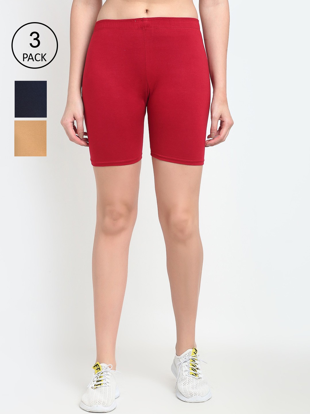 

Jinfo Women Pack of 3 Solid Cycling Shorts, Beige