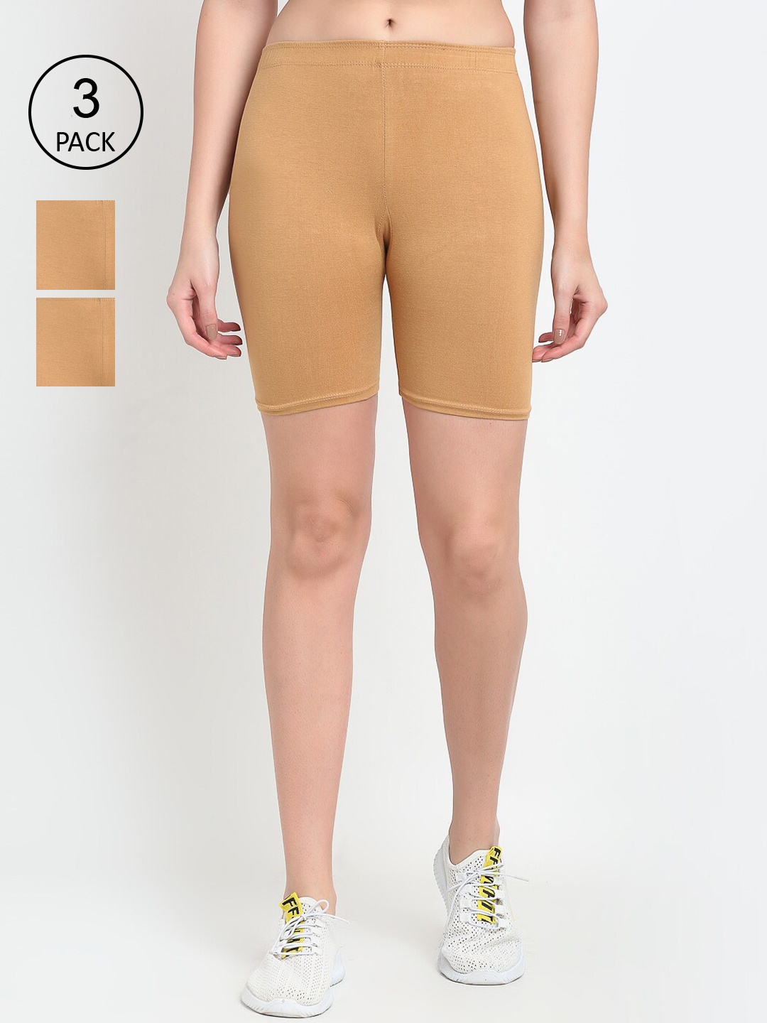 

Jinfo Women Pack of 3 Solid Cycling Shorts, Beige