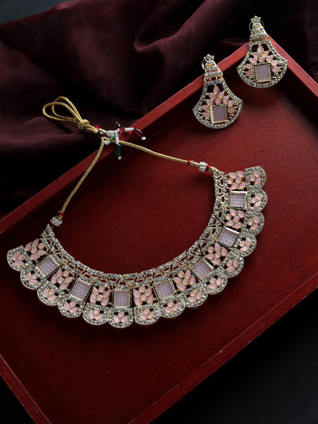 

MAD CLUB Gold Plated Pink Stone Studded Jewellery Set