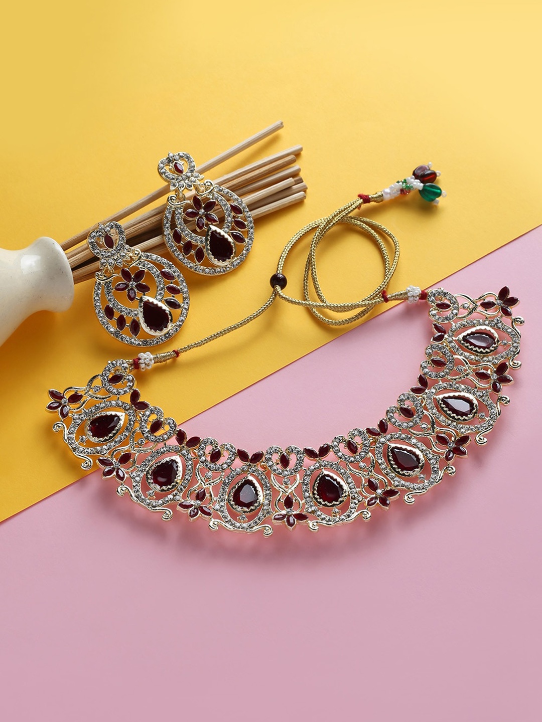 

MAD CLUB Gold-Plated & Maroon Stone Studded Jewellery Set, White