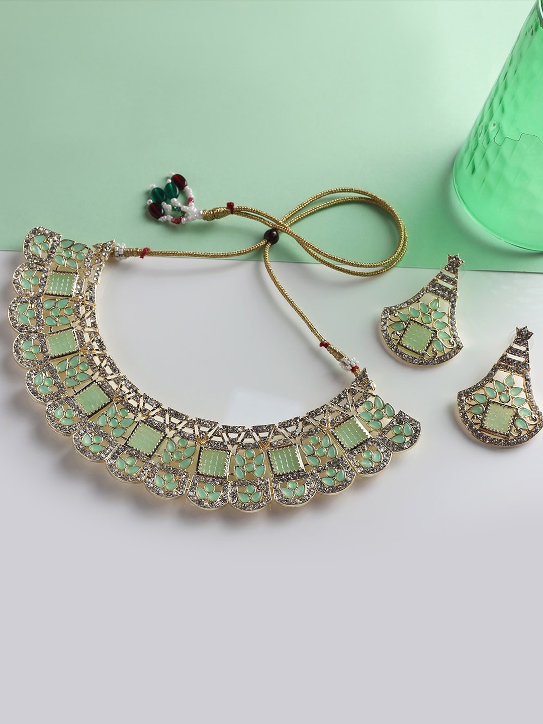 

MAD CLUB Women Gold-Plated Sea Green Austrian Diamond-Studded Jewellery Set
