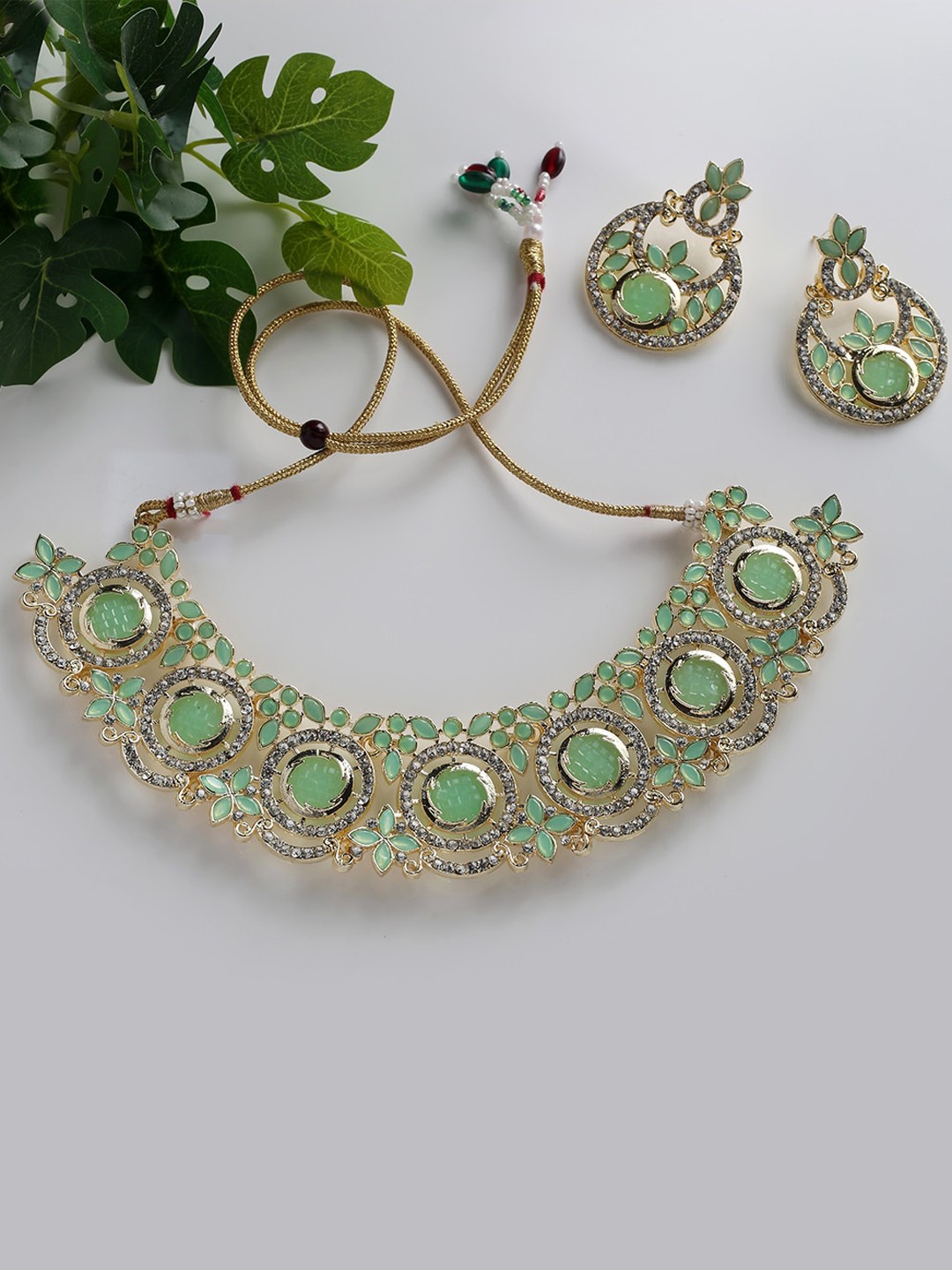 

MAD CLUB Gold-Plated White & Sea Green Stone-Studded Jewellery Set