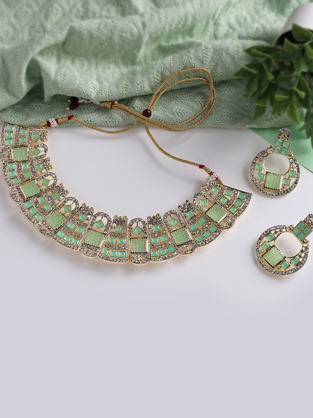 

MAD CLUB Gold-Plated Sea Green & White Austrian Diamond Studded Jewellery Set