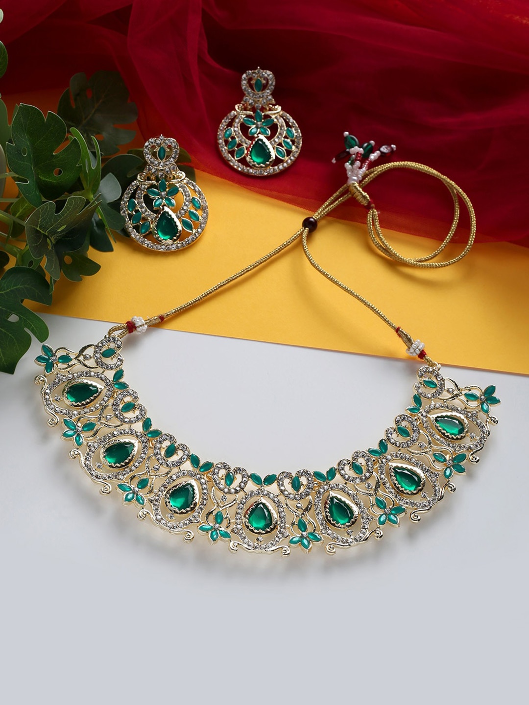 

MAD CLUB Gold-Plated White & Green Stone-Studded Jewellery Set