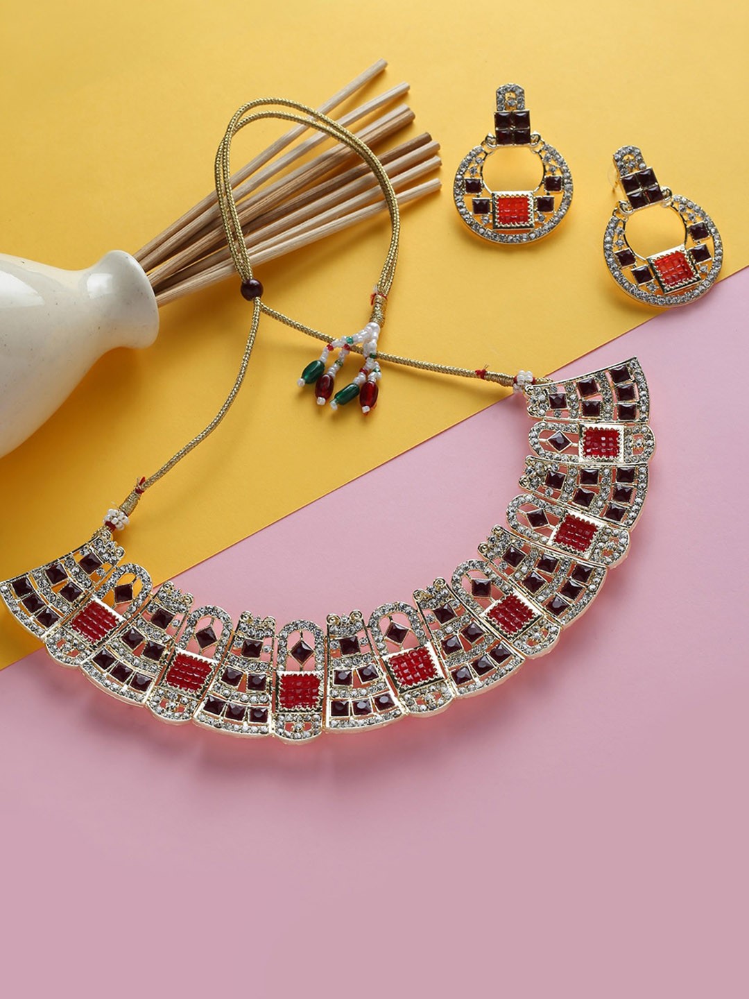 

MAD CLUB Gold-Plated Maroon AD Stone-Studded Choker Necklace Set