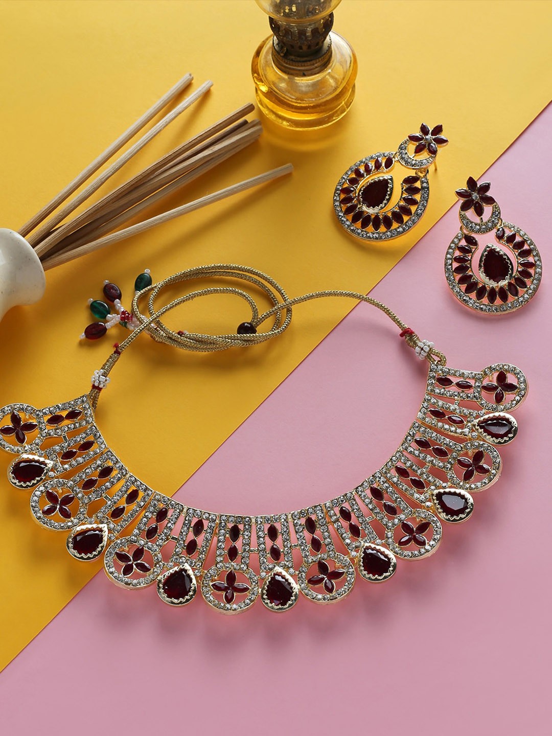 

MAD CLUB Gold-Plated Maroon Stone-Studded Jewellery Set