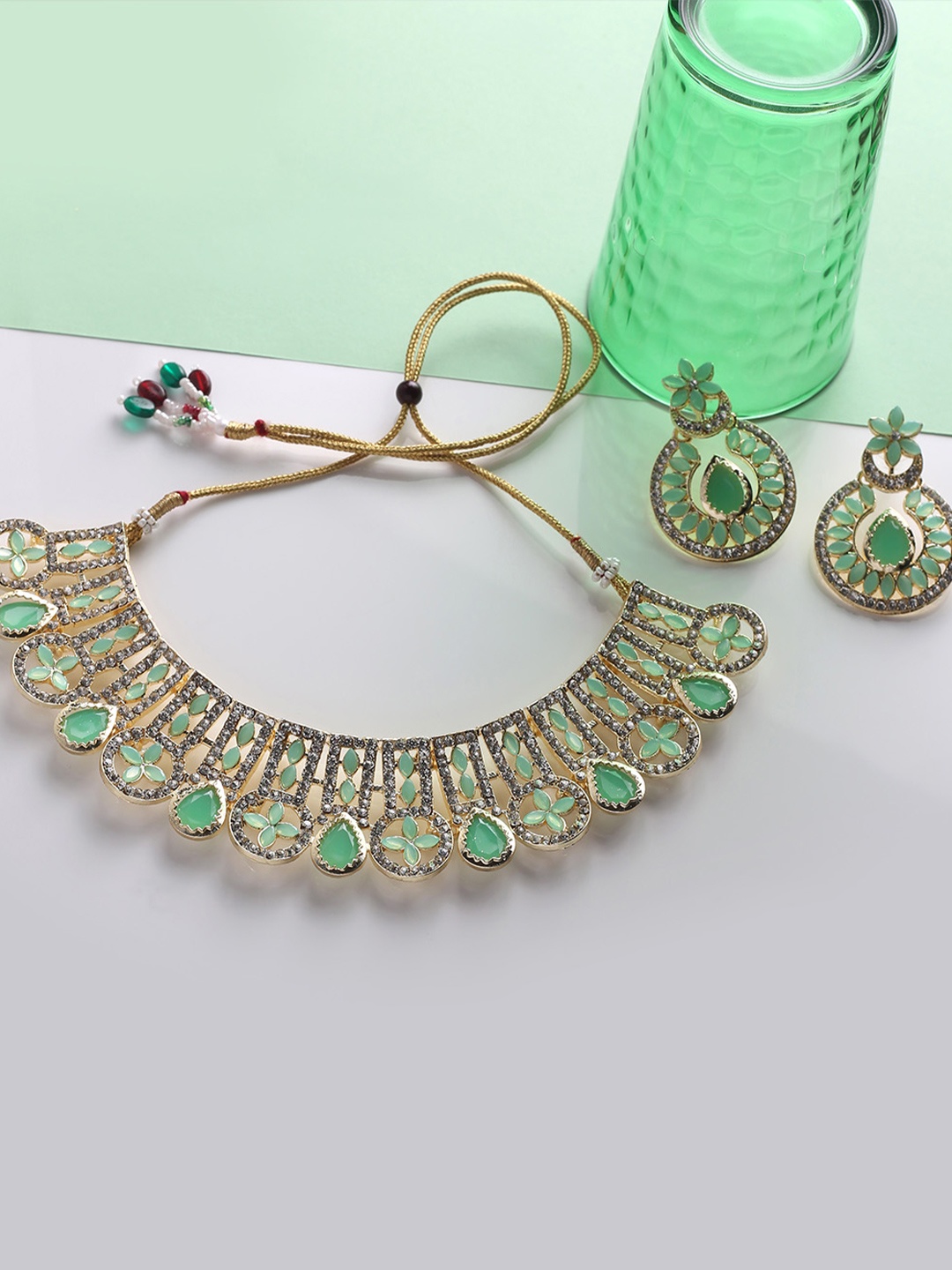 

MAD CLUB Women Gold-plated & Sea Green Stone Studded Jewellery Set