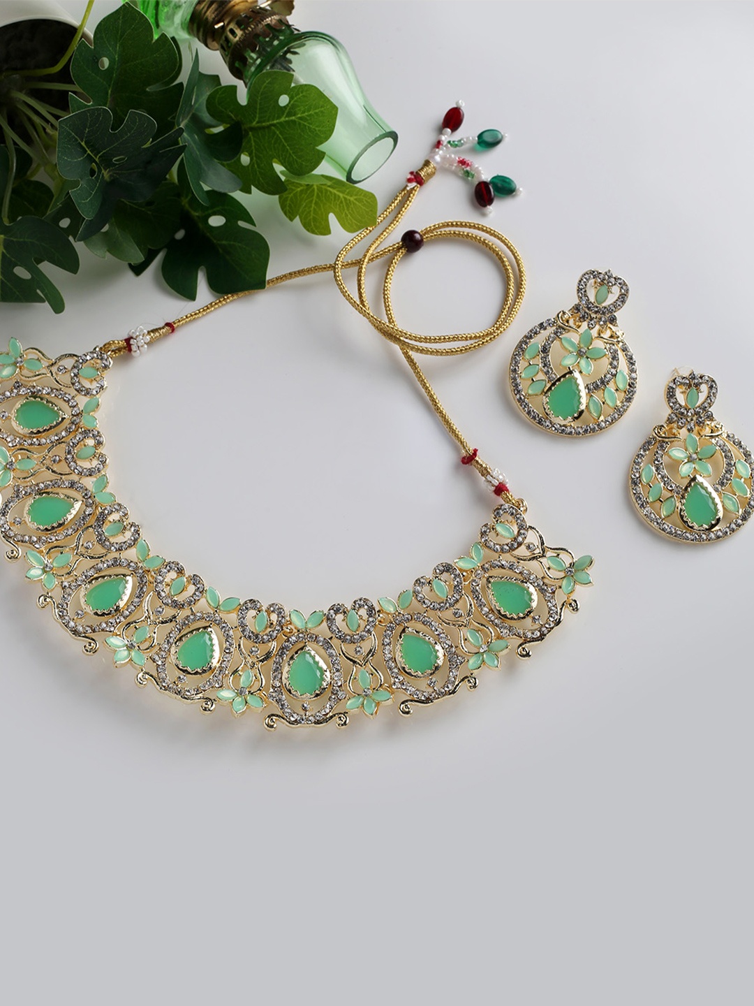 

MAD CLUB Women Gold-Plated White & Sea Green Stone-Studded Jewellery Set