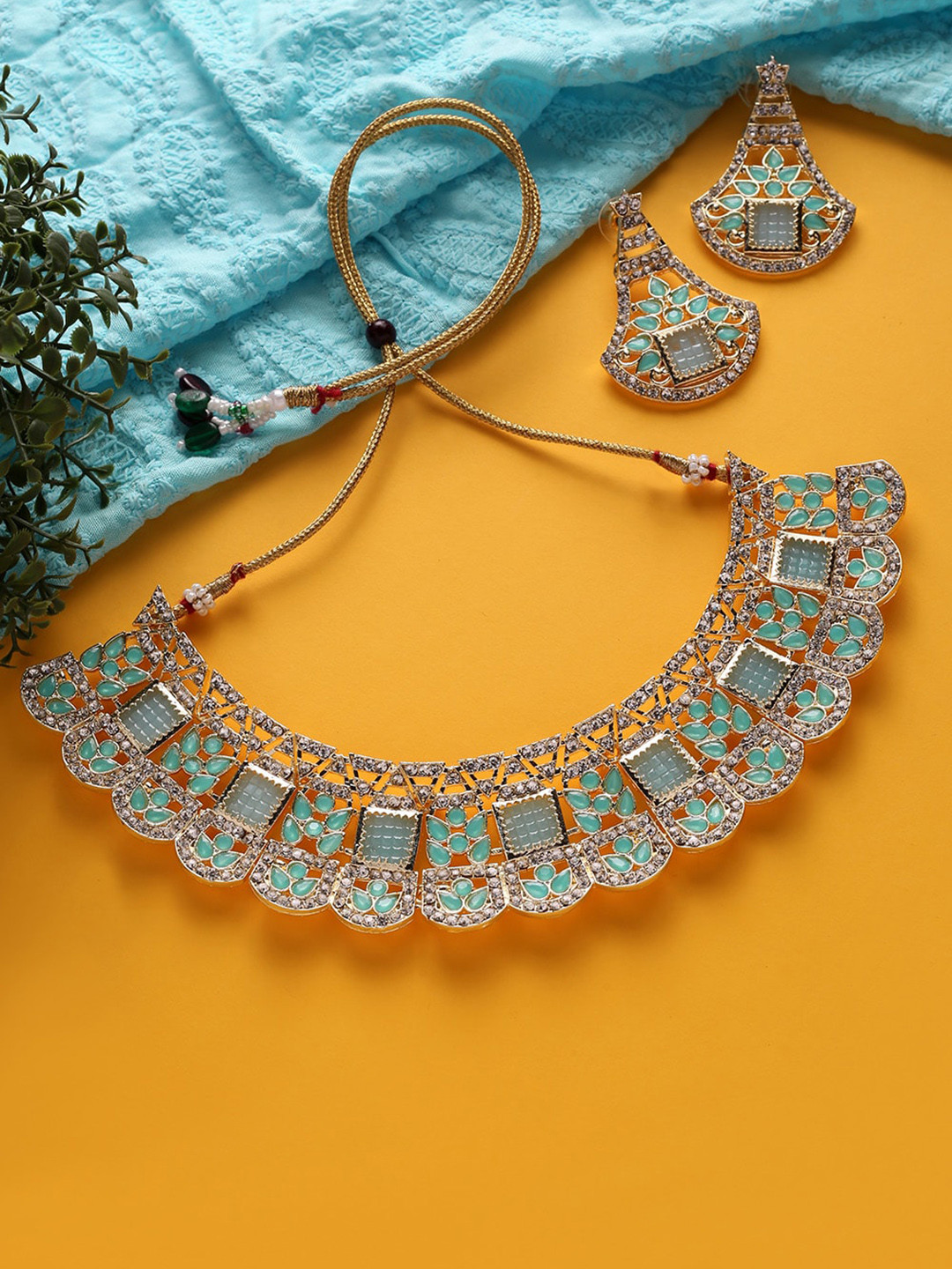 

MAD CLUB Gold-Plated White & Turquoise Blue Stone-Studded Jewellery Set