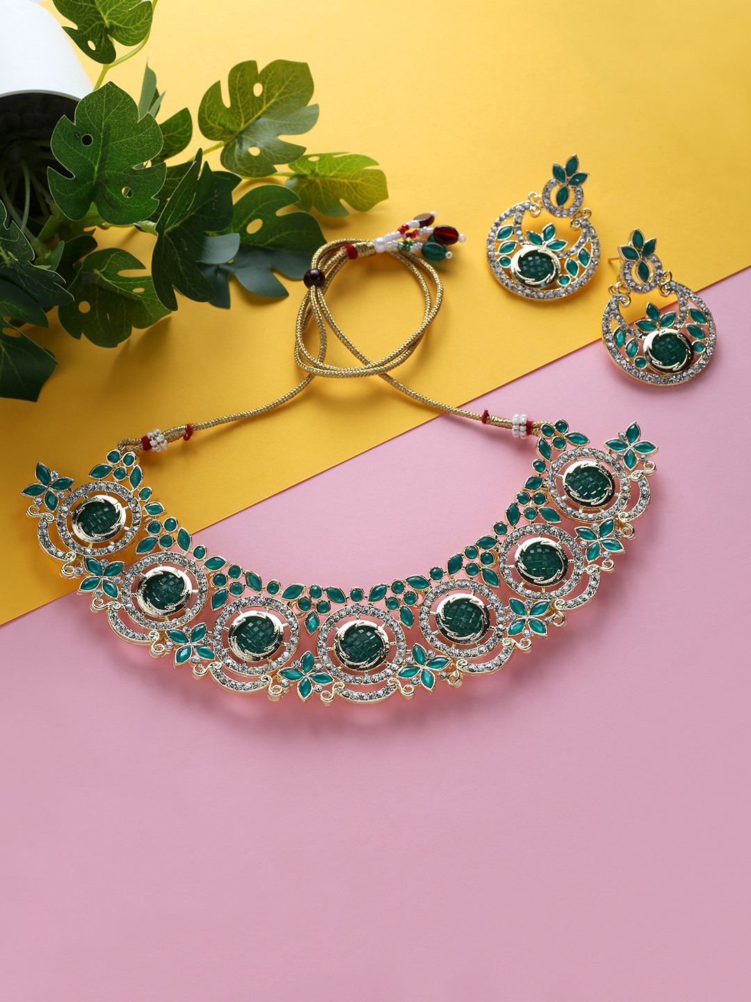 

MAD CLUB Women Gold-Plated White & Green Stone-Studded Jewellery Set