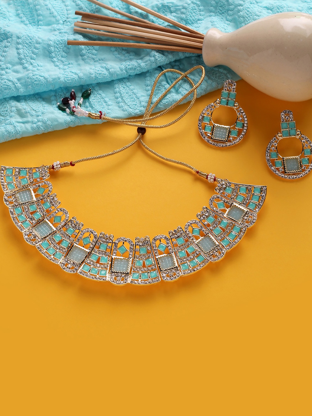 

MAD CLUB Women Gold-Plated Turquoise Blue AD Stone-Studded Choker Necklace Set