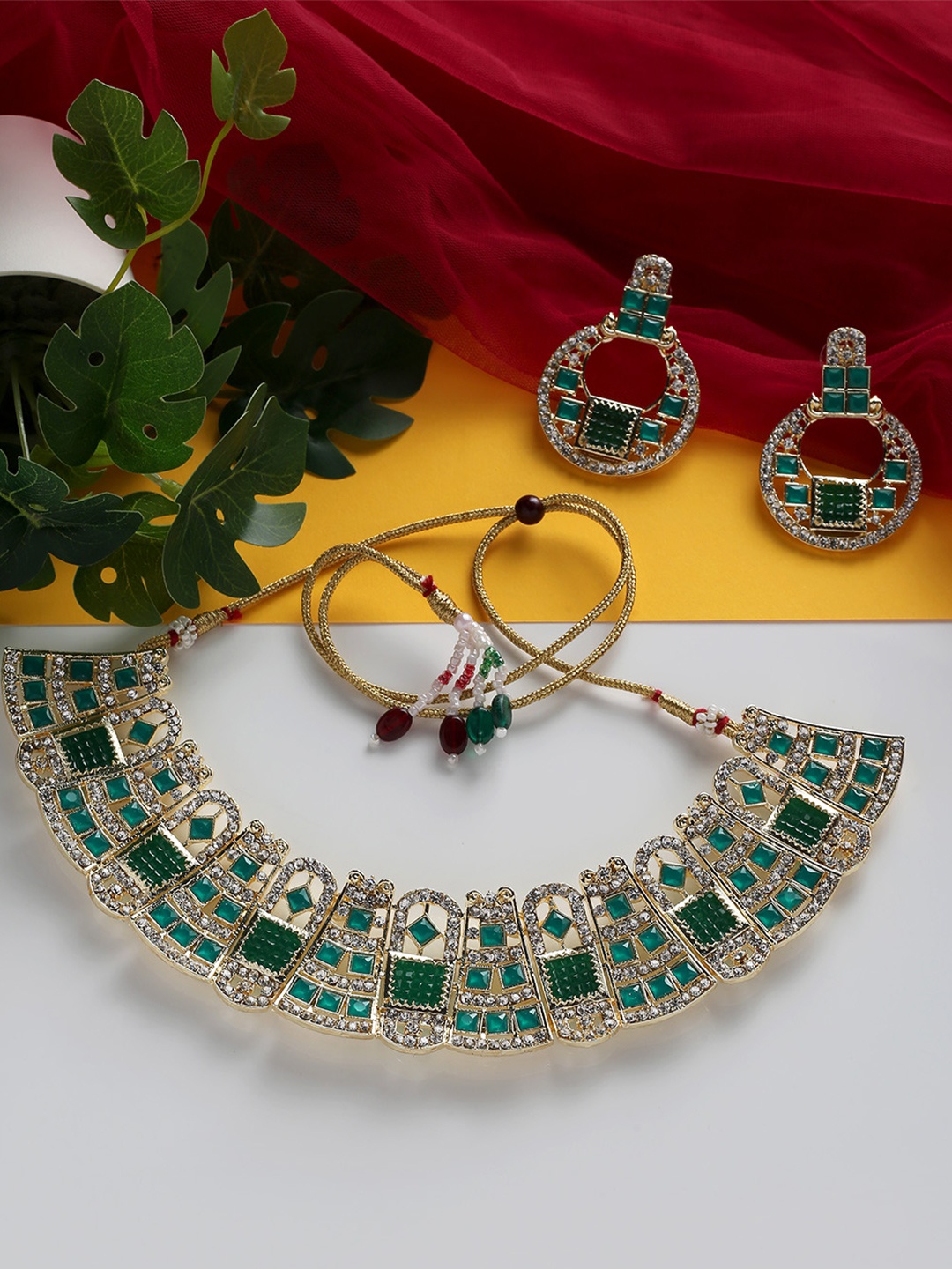 

MAD CLUB Women Gold-Plated White & Green Stone Studded Jewellery Set