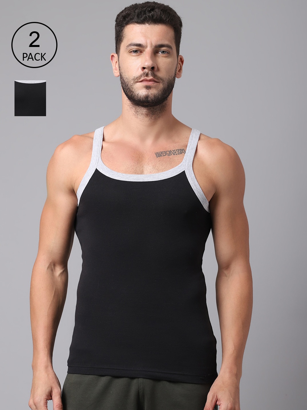 

Cantabil Men Pack Of 2 Black Solid Cotton Innerwear Vests