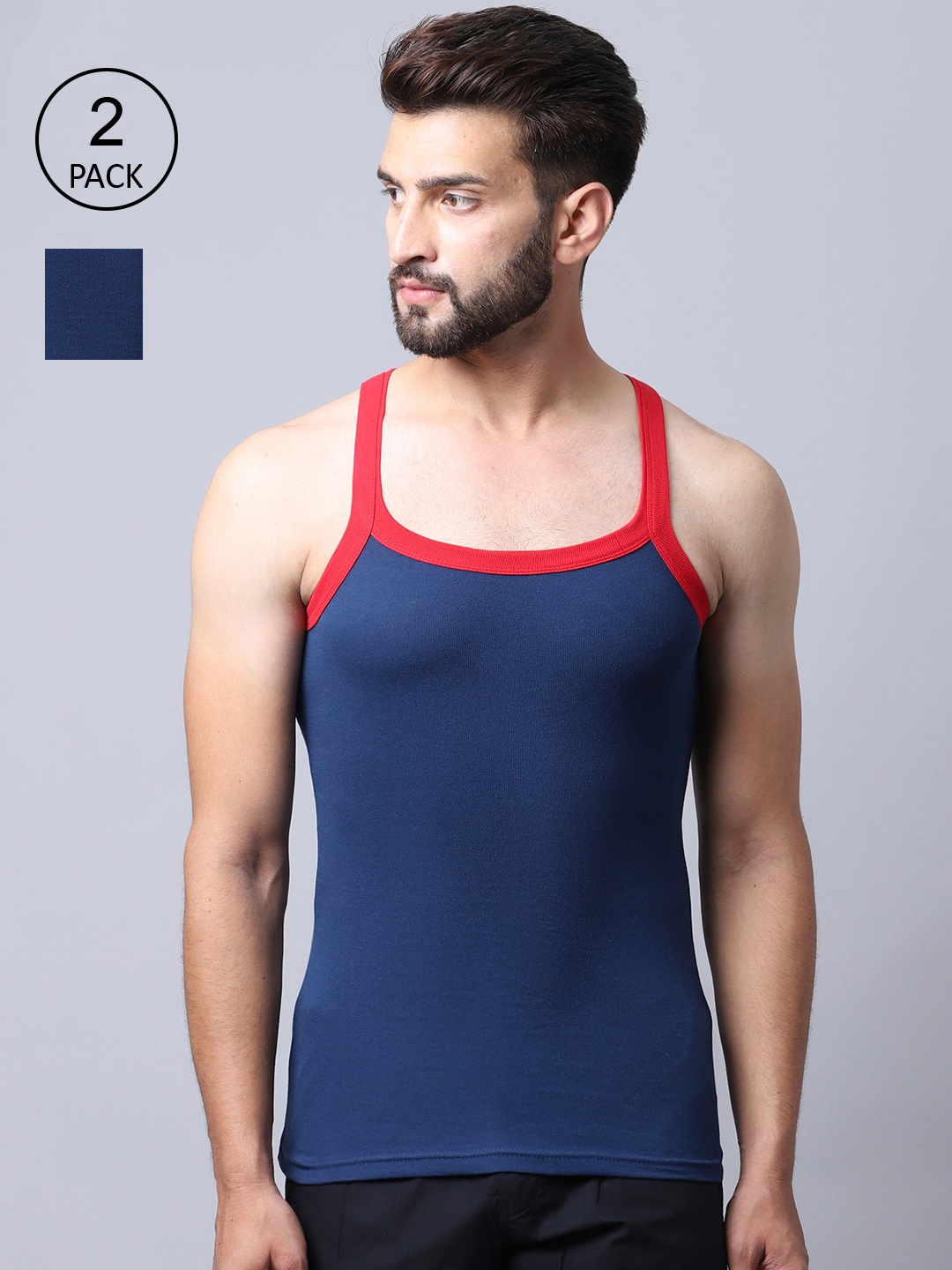 

Cantabil Men Pack Of 2 Navy Blue Solid Cotton Gym Vests