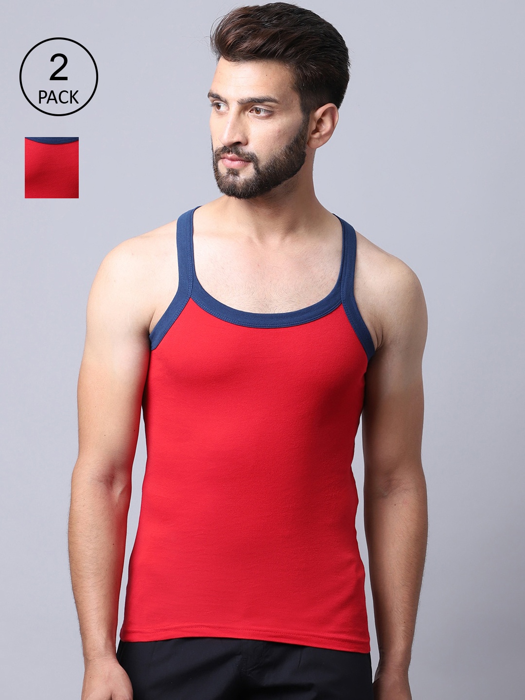 

Cantabil Men Pack Of 2 Red Solid Cotton Innerwear Basic Vests