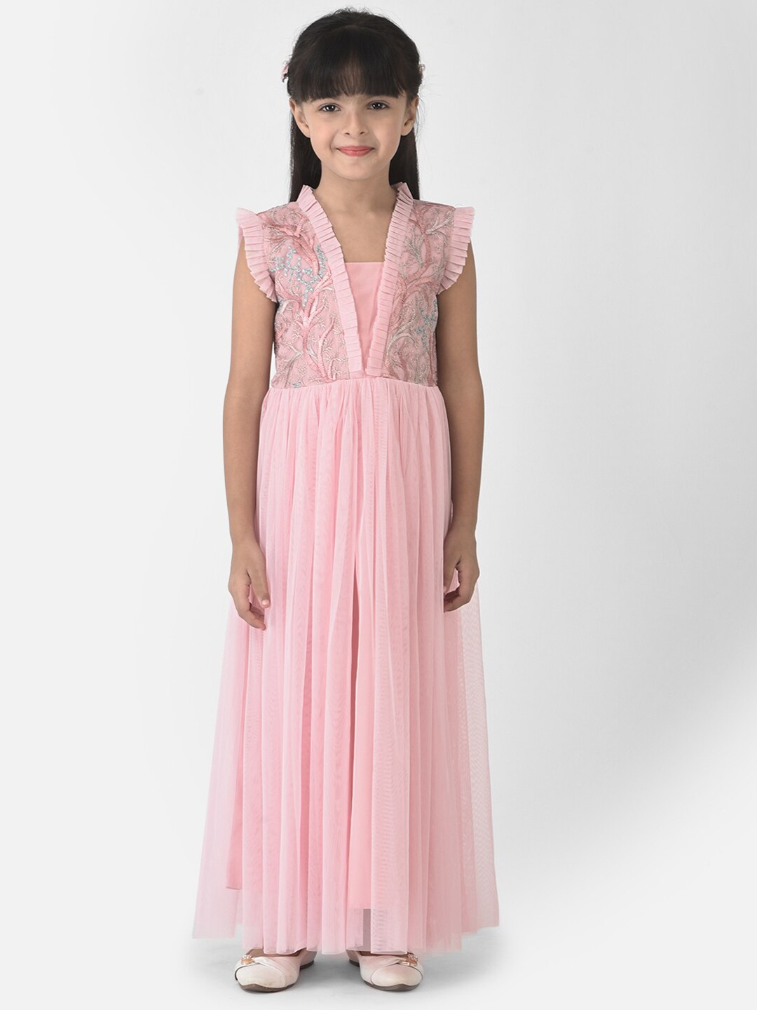 

Eavan Girls Pink & Gold-Toned Embroidered Net Maxi Maxi Dress