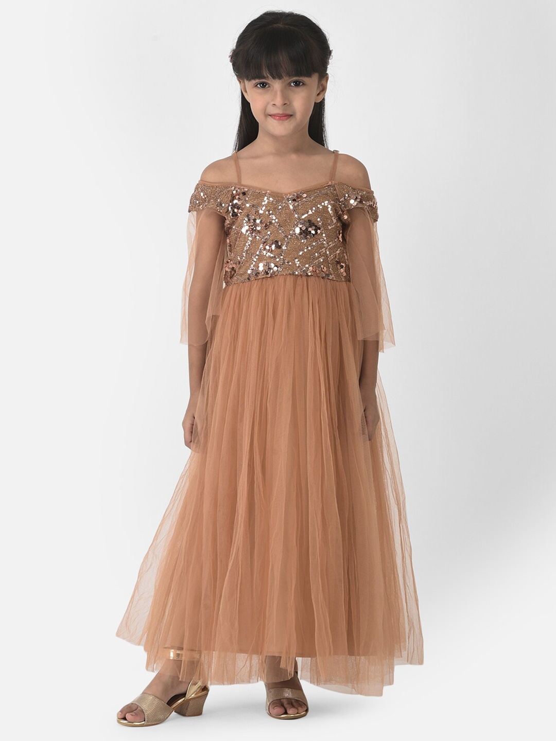 

Eavan Girls Brown & Silver-Toned Embellished Net Maxi Maxi Dress
