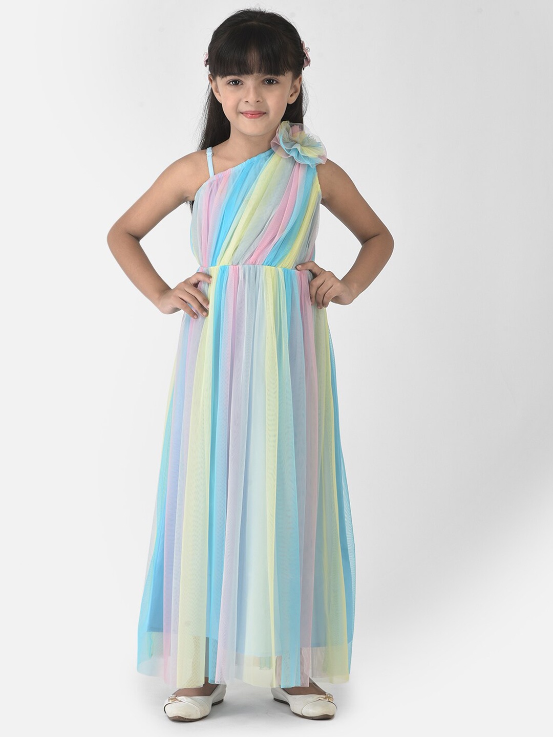 

Eavan Girls Blue & Yellow Net Maxi Maxi Dress