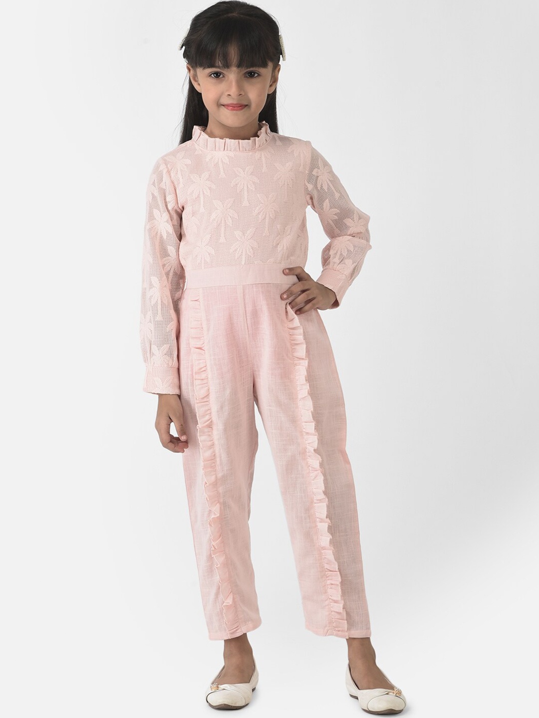 

Eavan Girls Pink Self Design Cotton Basic Jumpsuit with Ruffles