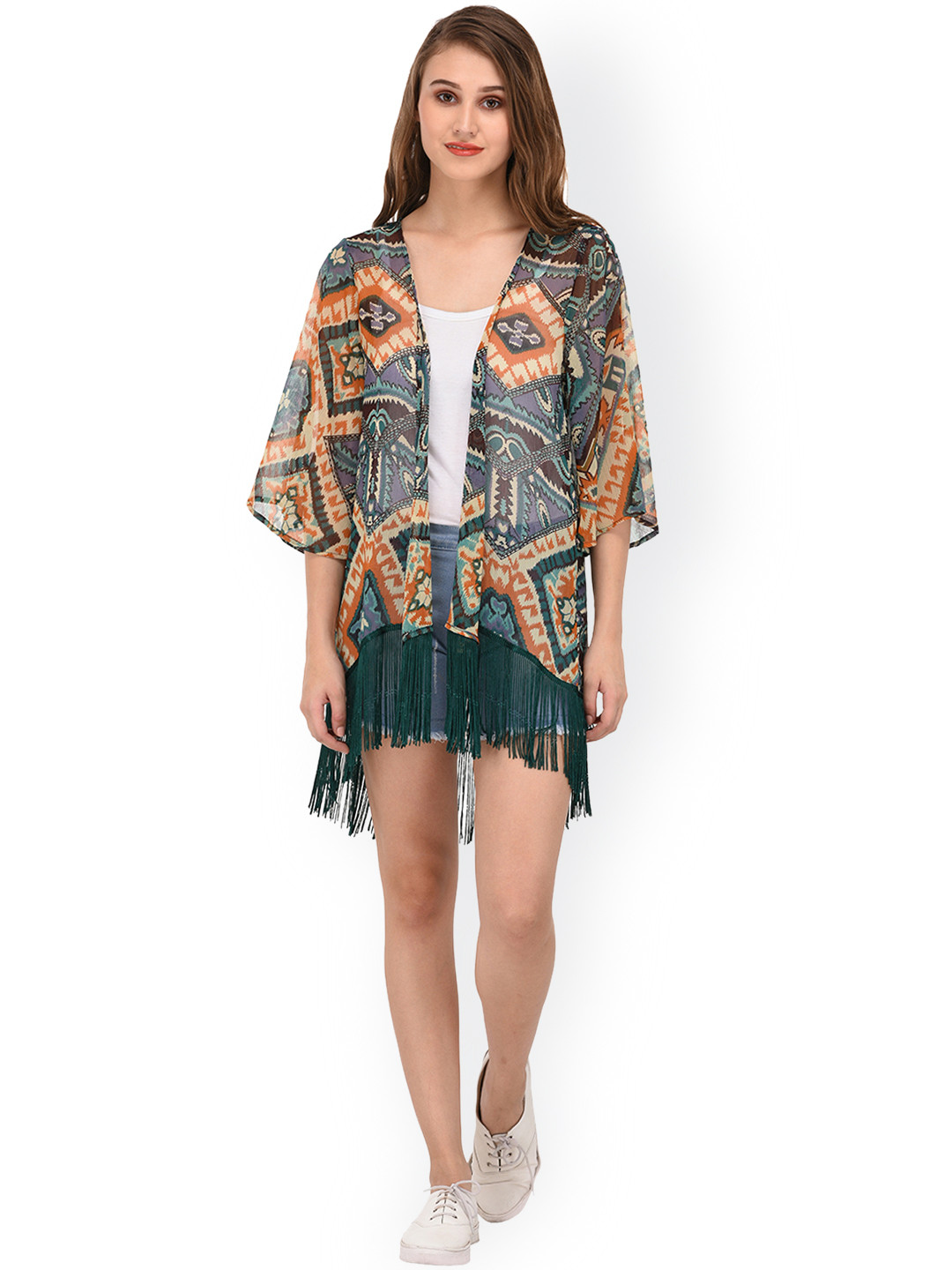 

PURYS Mulicoloured Printed Fringed Shrug, Multi