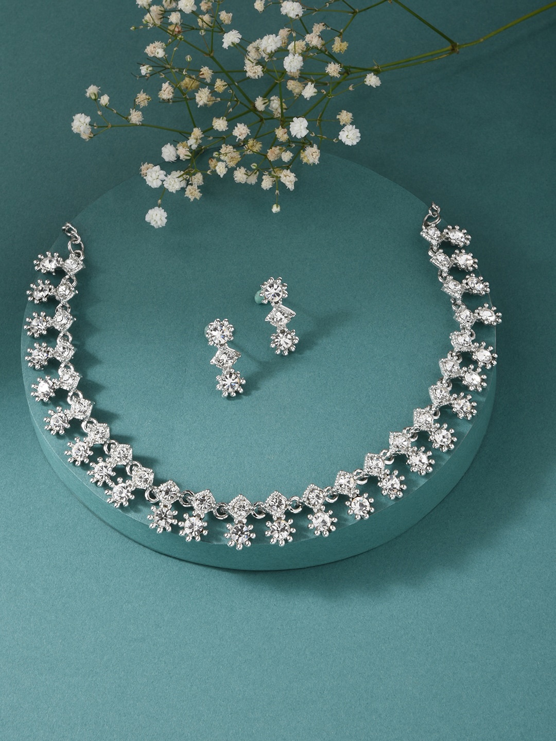 

ToniQ Silver-Plated AD-Studded Floral Jewellery Set