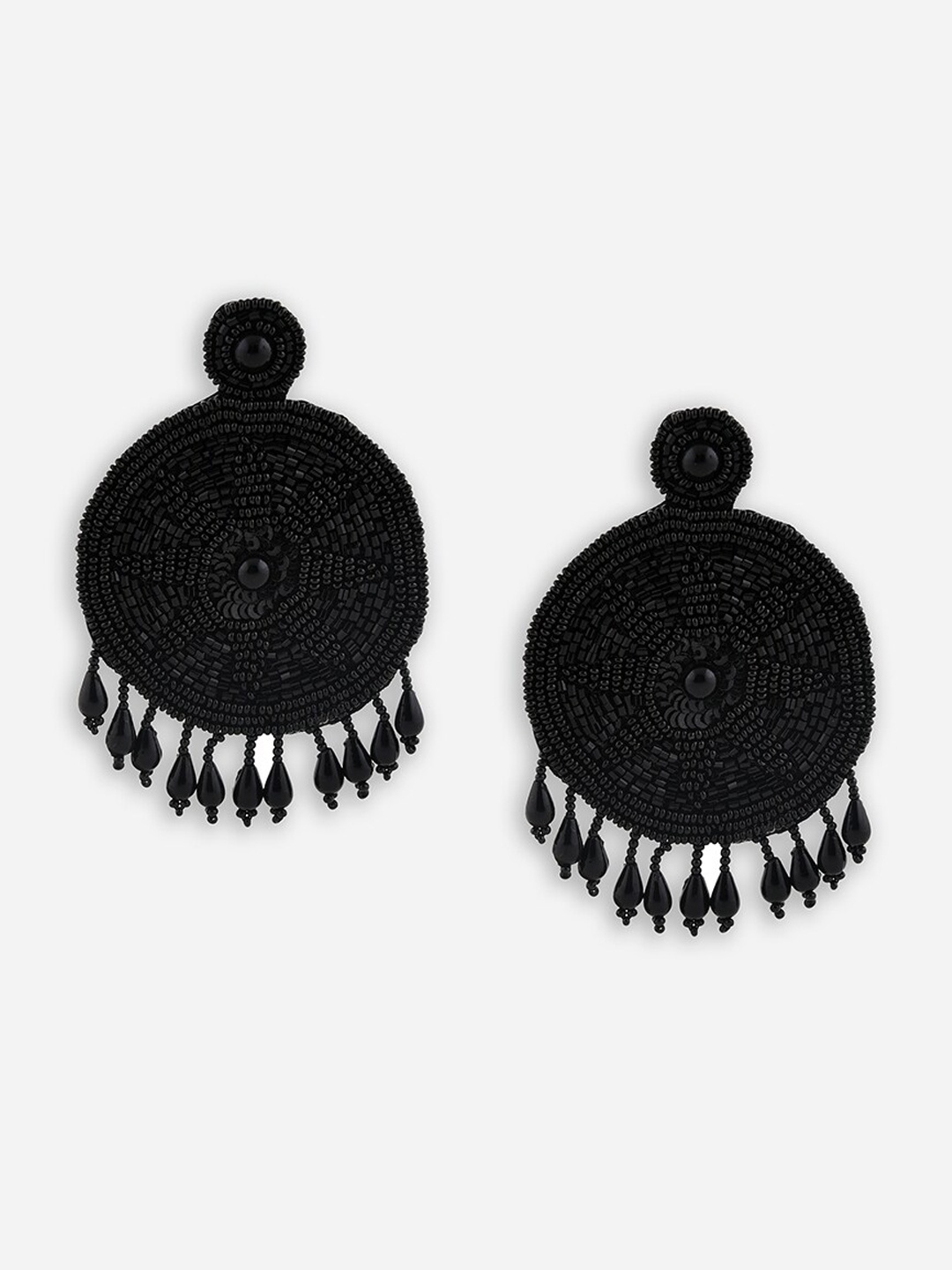 

ToniQ Black Beaded Circular Drop Earrings