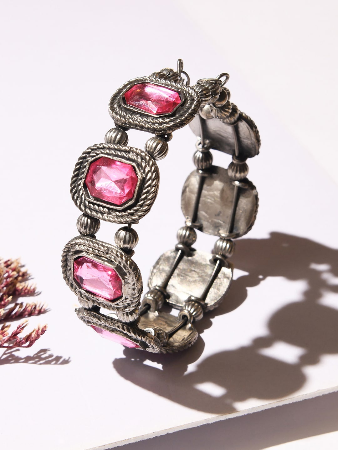 

ToniQ Women Pink & Silver-Toned Silver-Plated Bangle-Style Bracelet